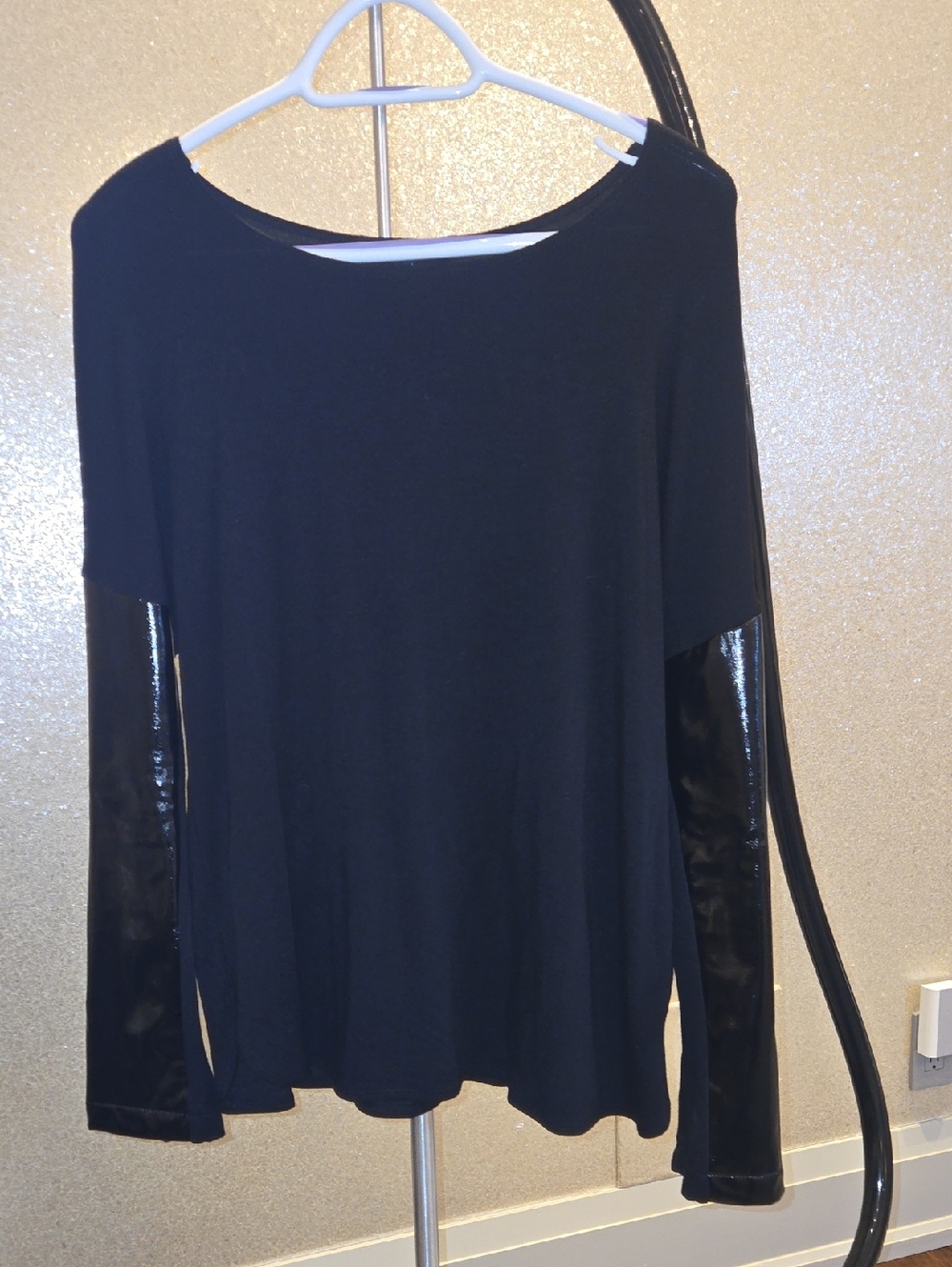 Generation Love Black Women's Long-Sleeve Top with Shiny Faux Leather Sleeves